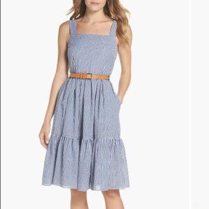 Eliza J Ruffle Hem Seersucker gingham belt Check Fit & Flare Dress size 0